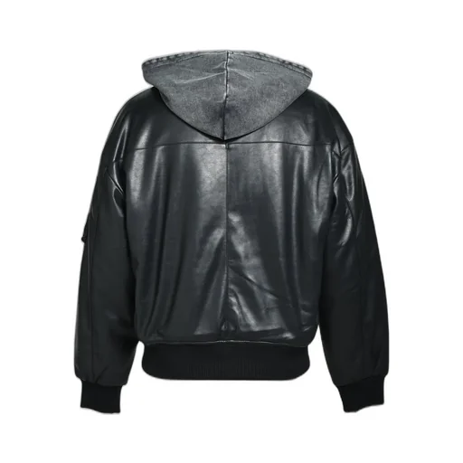 Hooded Faux Leather Flight Jacket / Blk