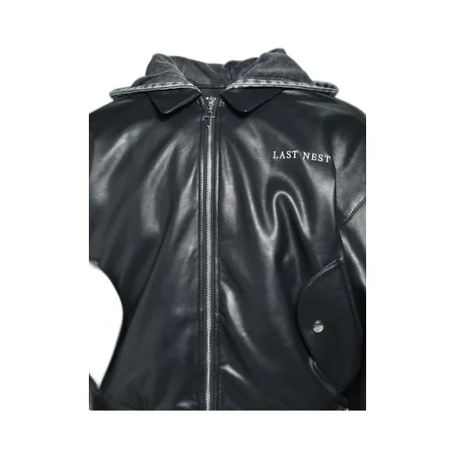 Hooded Faux Leather Flight Jacket / Blk