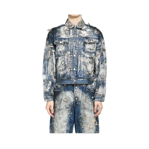 Hard-Washed Damaged Denim Jacket / Blu