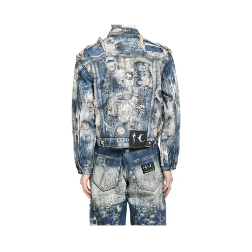 Hard-Washed Damaged Denim Jacket / Blu