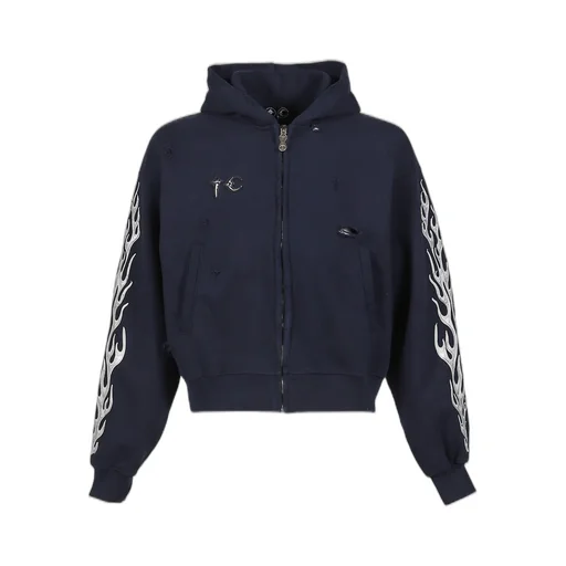 Leather Flame Hooded Zip-Up / Nvy