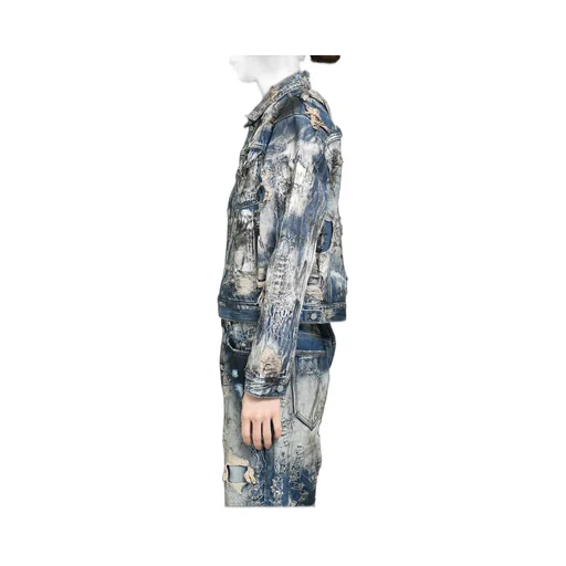 Hard-Washed Damaged Denim Jacket / Blu