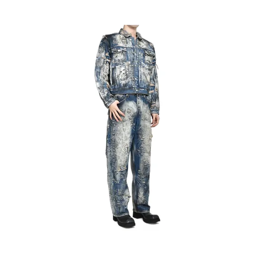 Hard-Washed Damaged Denim Jacket / Blu