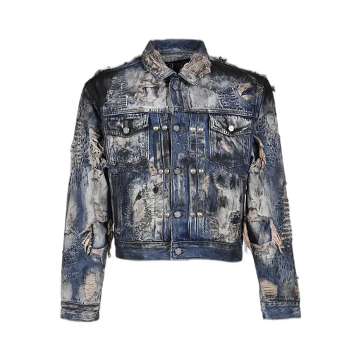 Hard-Washed Damaged Denim Jacket / Blu
