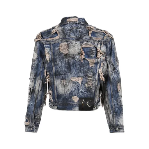 Hard-Washed Damaged Denim Jacket / Blu