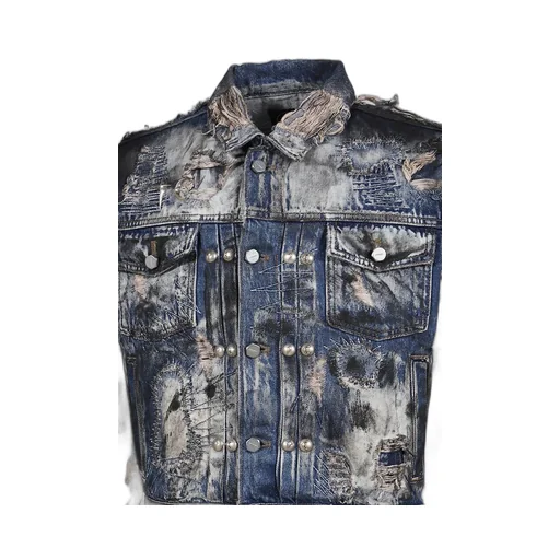 Hard-Washed Damaged Denim Jacket / Blu