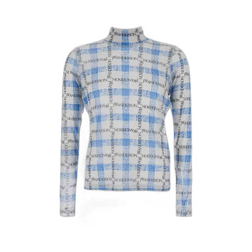 Jw Anderson Logo Grid Check Printed Sheer Long Sleeved Top