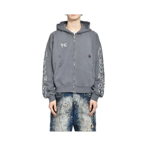 Leather Flame Hooded Zip-Up / Gry