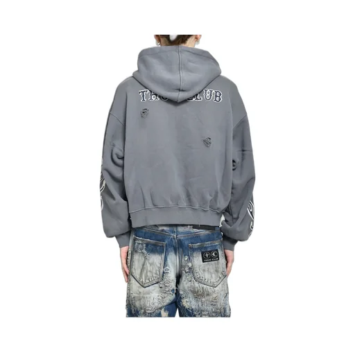 Leather Flame Hooded Zip-Up / Gry
