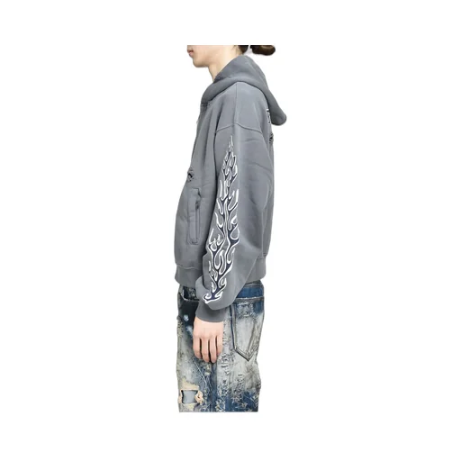 Leather Flame Hooded Zip-Up / Gry