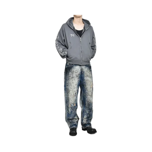 Leather Flame Hooded Zip-Up / Gry