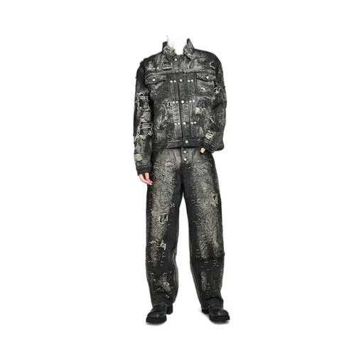 Hard-Washed Damaged Denim Jacket / Blk