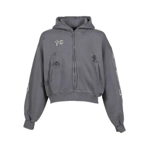 Leather Flame Hooded Zip-Up / Gry