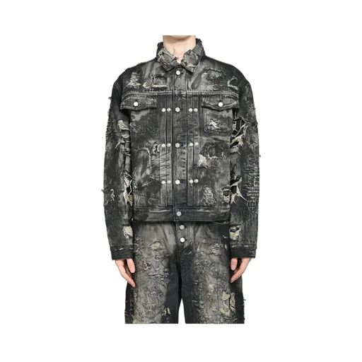 Hard-Washed Damaged Denim Jacket / Blk
