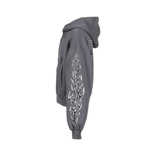 Leather Flame Hooded Zip-Up / Gry