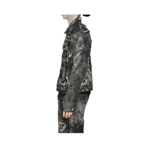Hard-Washed Damaged Denim Jacket / Blk