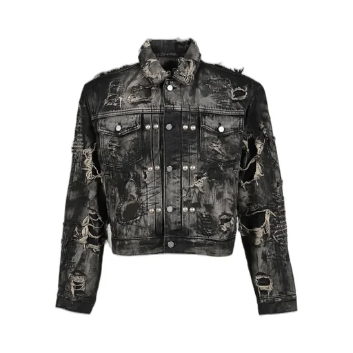 Hard-Washed Damaged Denim Jacket / Blk
