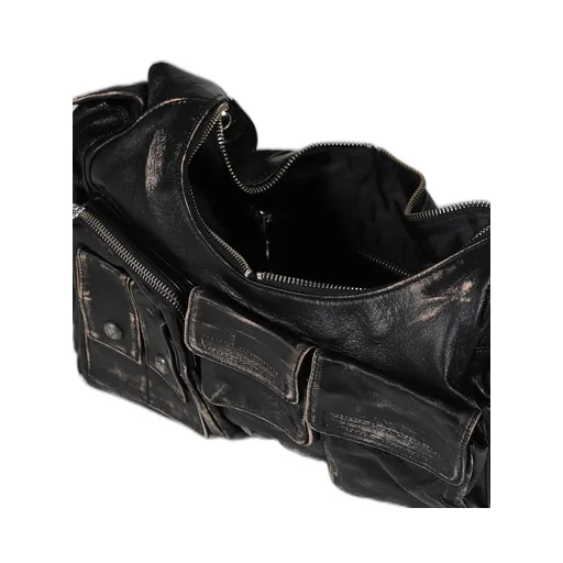Washed Leather Multi Pocket Bag / Blk
