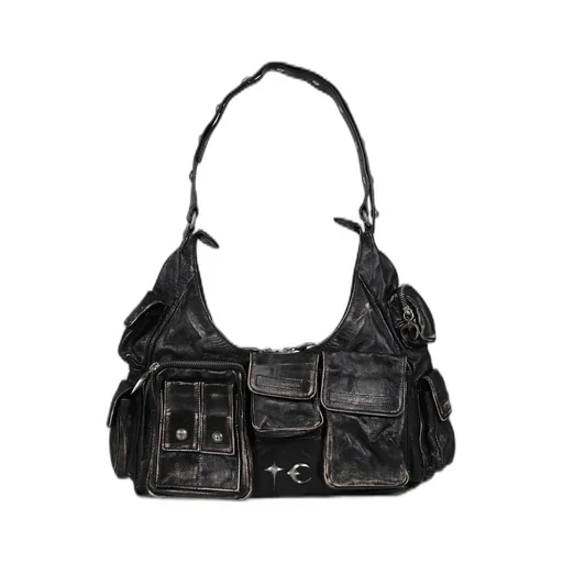 Washed Leather Multi Pocket Bag / Blk