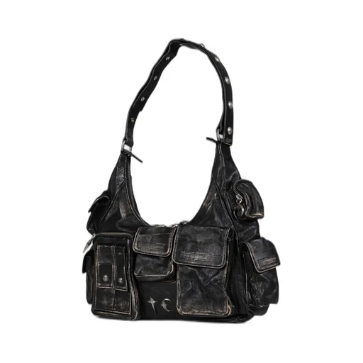 Washed Leather Multi Pocket Bag / Blk