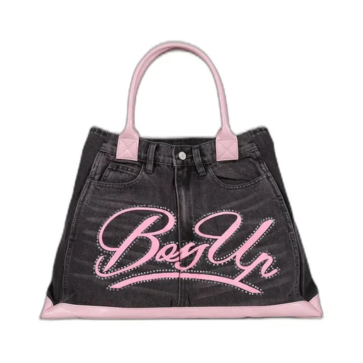 Remake Denim Tote Bag / Blk/Pink