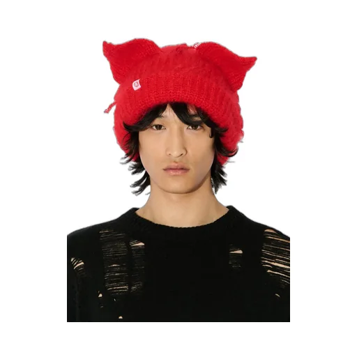 Mohair Chunky Ears Beanie / Red