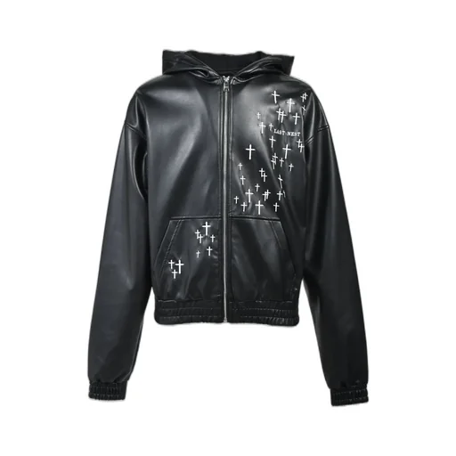 Cross Embroidery Leather Zip Hoodie / Blk