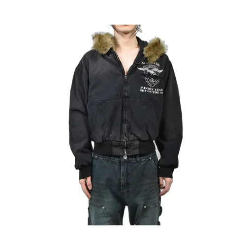 Detachable Fur Hoodied Work Jacket / Blk