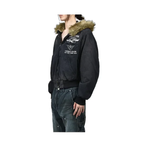 Detachable Fur Hoodied Work Jacket / Blk