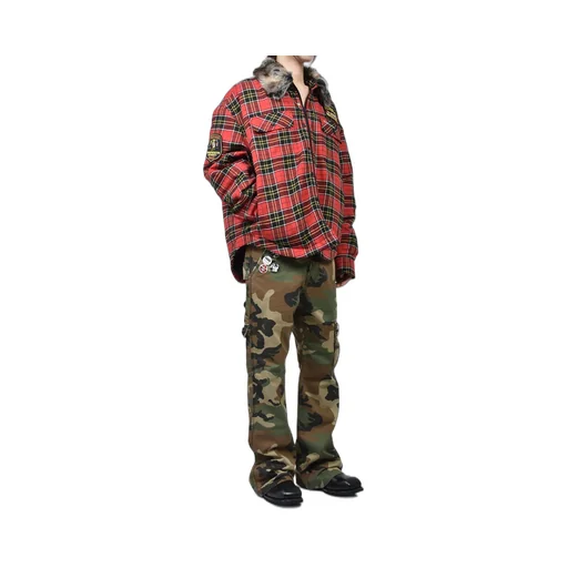 Fur Flannel Shirts Jacket / Red
