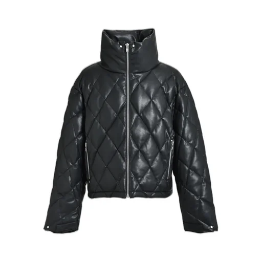 Faux Leather Quilting Down Jacket / Blk