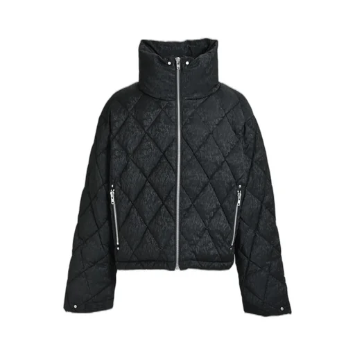 Faux Leather Shiny Quilting Down Jacket / F.Blk