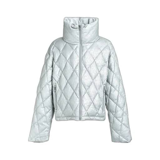 Faux Leather Shiny Quilting Down Jacket / Sil