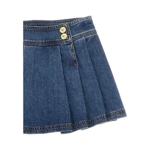 Versace Kids Medusa Buttons Pleated Denim Mini Skirt