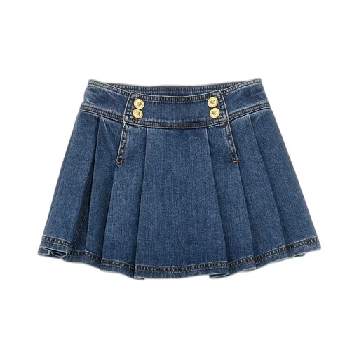 Versace Kids Medusa Buttons Pleated Denim Mini Skirt