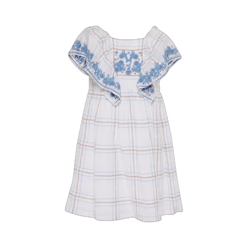Tartine Et Chocolat Floral-Embroidered Checked Flared Dress