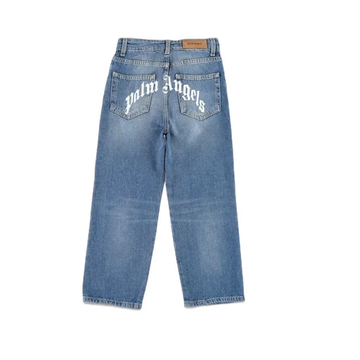 Palm Angels Kids Curved Logo Wash Denim Pants