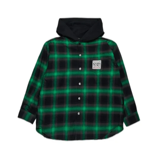 N°21 Kids Logo Patch Checked Hooded Shirt