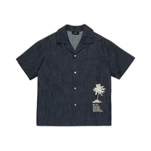 N°21 Kids Short-Sleeved Denim Bowling Shirt
