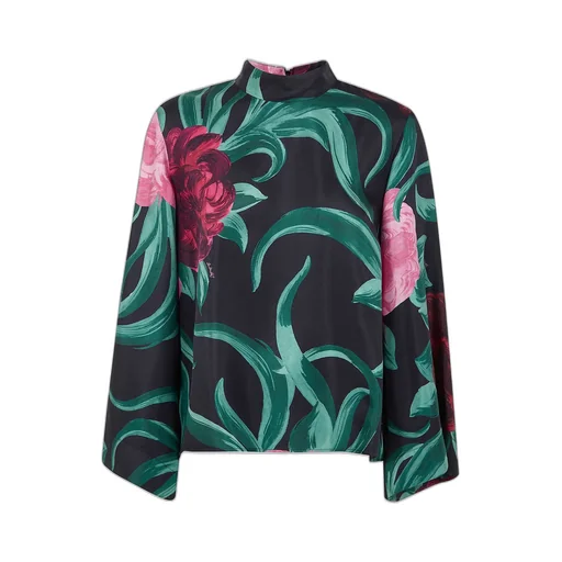 La Doublej Peony Print Silk Top
