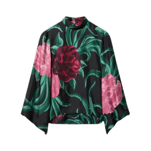 La Doublej Peony Print Silk Top