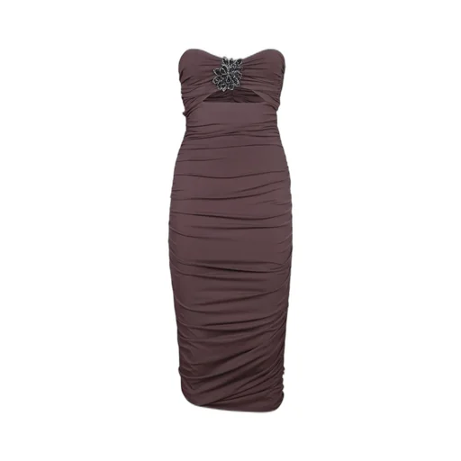 Amen Draped Brocade Strapless Dress
