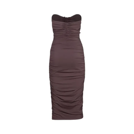 Amen Draped Brocade Strapless Dress