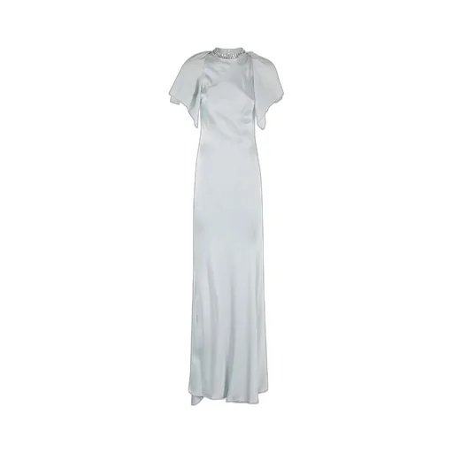 Amen Embellished Neckline Long Satin Dress