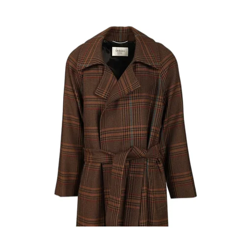 Saint Laurent Checked Belted Long Coat