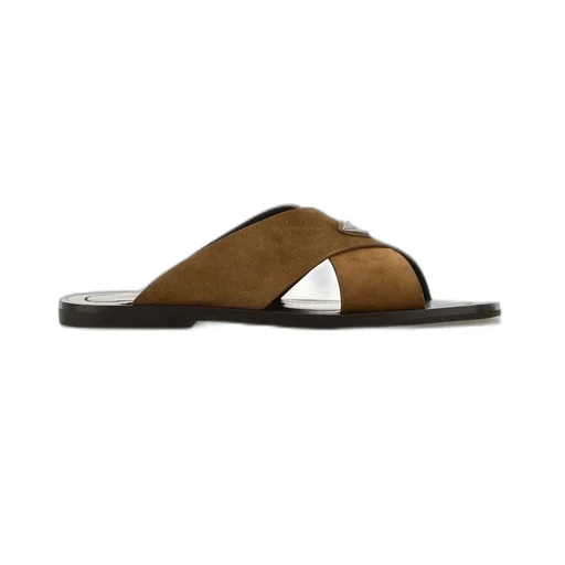 Prada Triangle-Logo Criss-Cross Slides