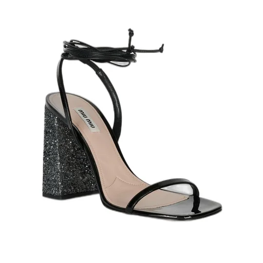 Miu Miu Ankle Tie-Fastened Block Heeled Glitter Sandals
