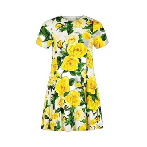 Dolce & Gabbana Kids Rose Printed Crewneck Flared Dress