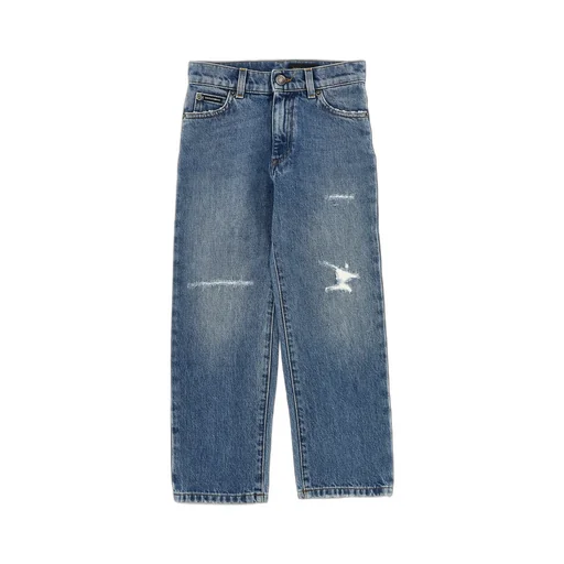 Dolce & Gabbana Kids Logo-Plaque Wide-Leg Distressed Jeans