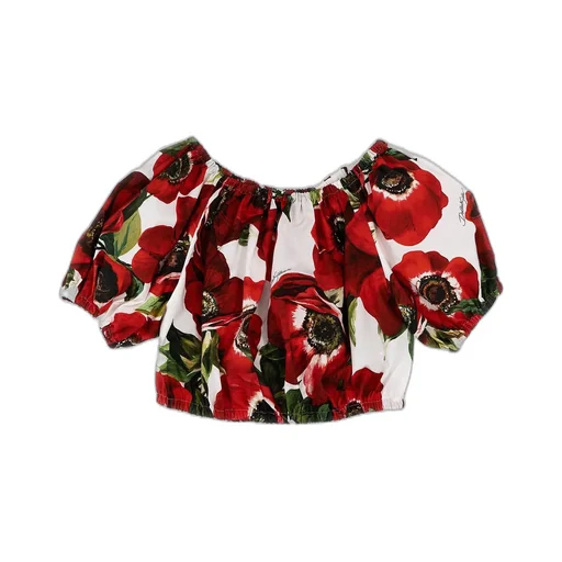 Dolce & Gabbana Kids Anemone-Printed Off-Shoulder Cropped Blouse